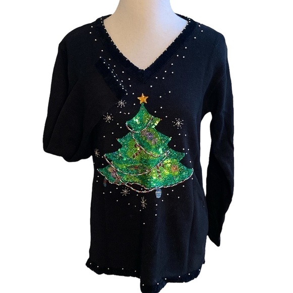 🎄Quacker Factory Unisex 3D Knit Black Cotton Ramie Blend Grandmacore Sweater - Picture 1 of 8